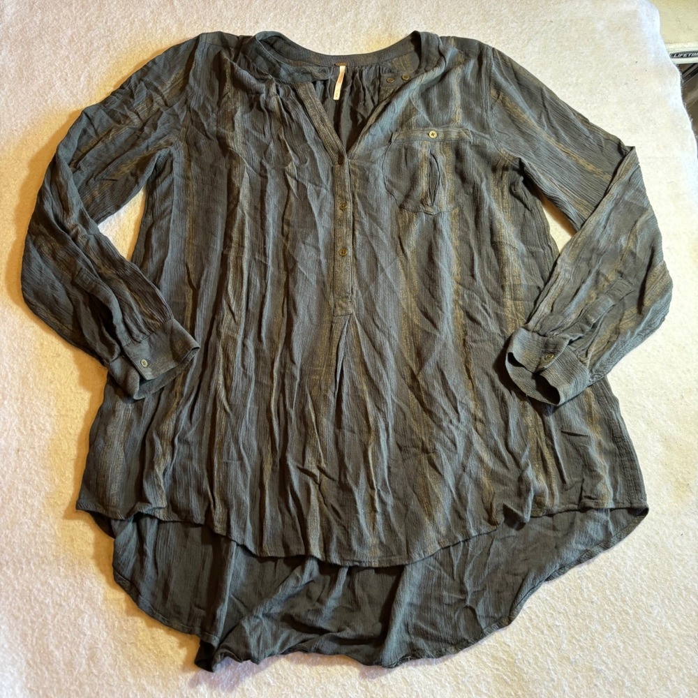 Free People Shibori Magic Gray Striped Tunic Shirt Top Women's Small Long Sleeve